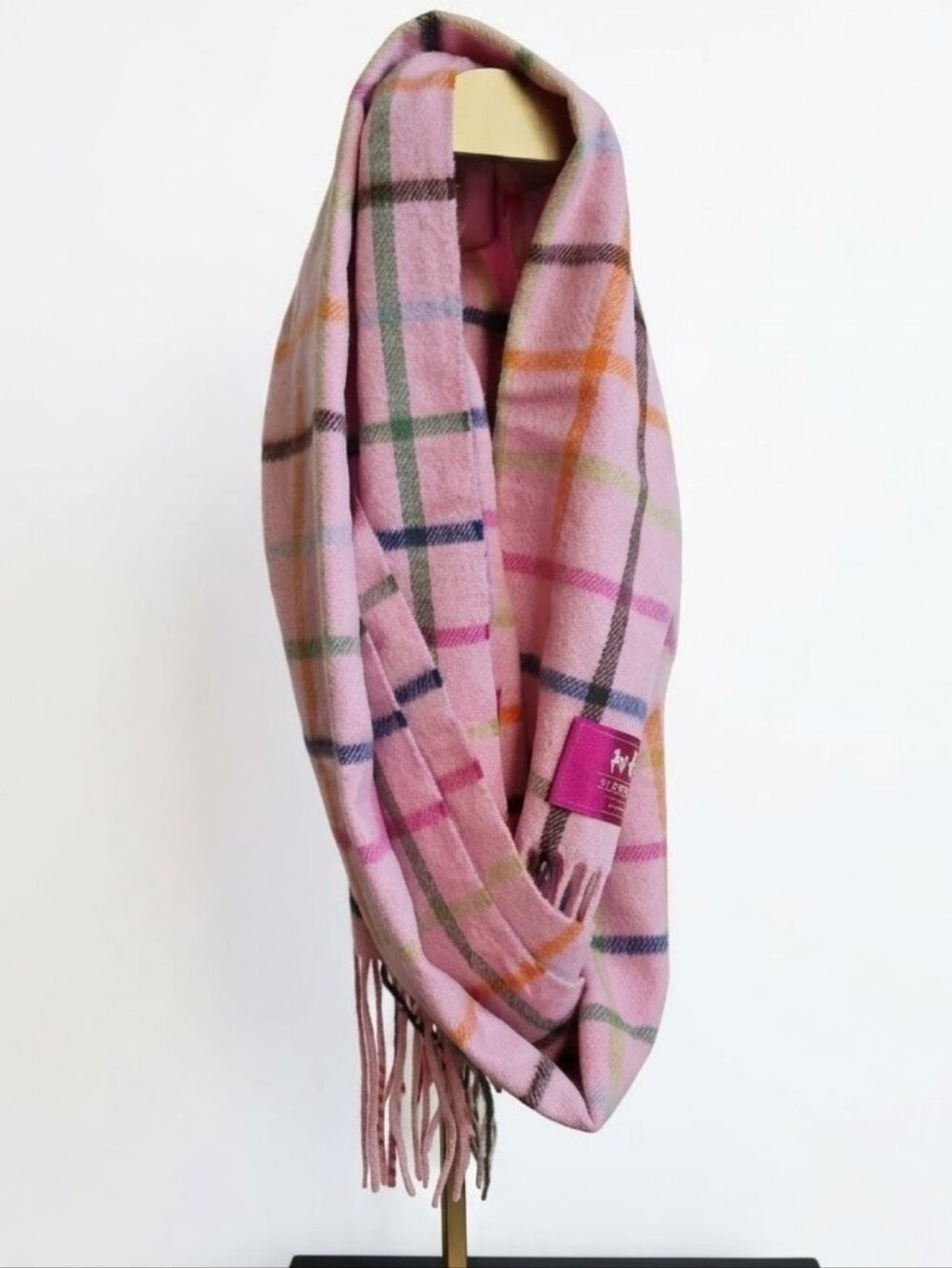 COACH Pink Tattersall Plaid 100% Cashmere Fringed Scarf | NWOT